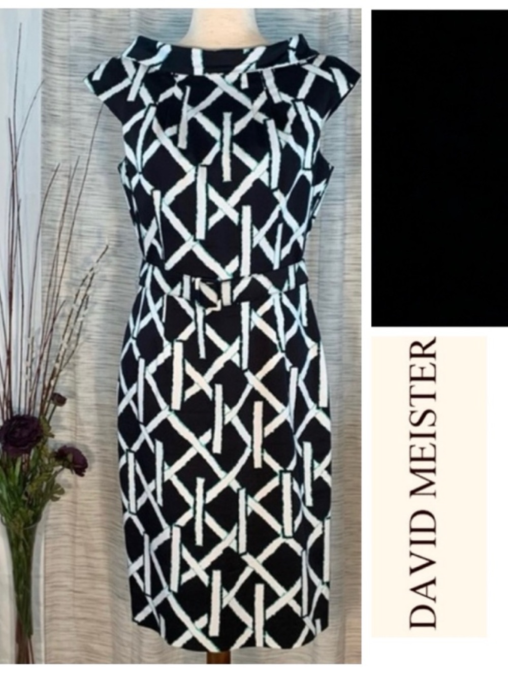 David Meister black, white and green weave pattern sleeveless sheath dress.